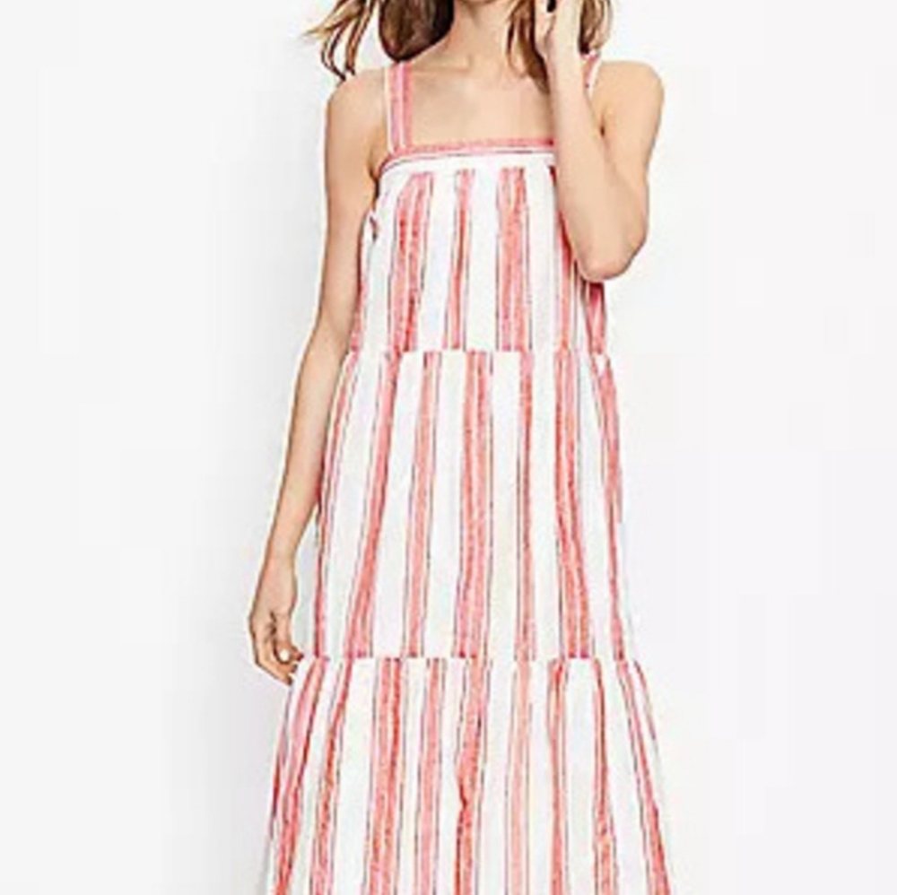 LOFT Red Stripe Tiered Square Neck Pastel Cottagecore Midi Dress
